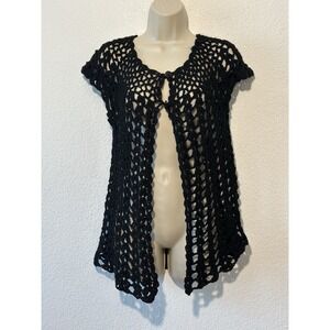 Crochet Handmade Open Knit Black Top Layer Open Front 2 Button Boho Whimsigoth